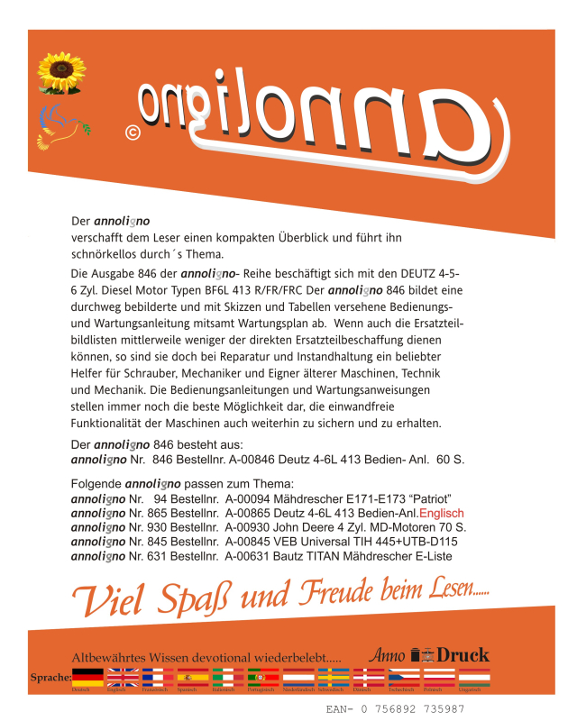 Deutz Diesel Motor 4-5-6 Zylinder Typen BF6L 413 R/FR/FRC Bedienungsanleitung & Wartungsanleitung & Wartungsplan - annoligno 846